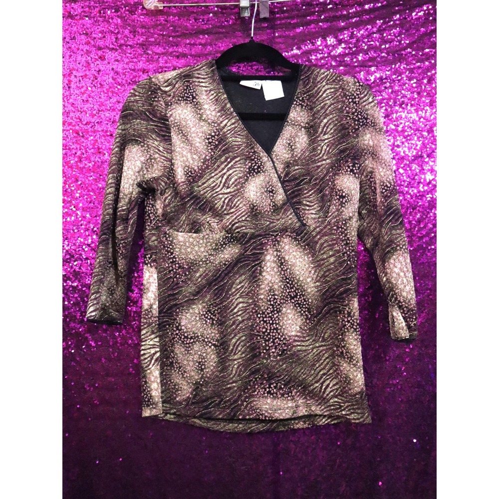 Purple Metallic Wrap Top Small East 5th Womens 3/4 Sleeve Abstract Print
